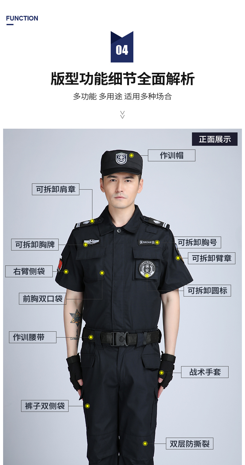保安工作制服春秋網(wǎng)格黑色作訓服套裝男夏季耐磨夏裝短袖作訓服(圖6)