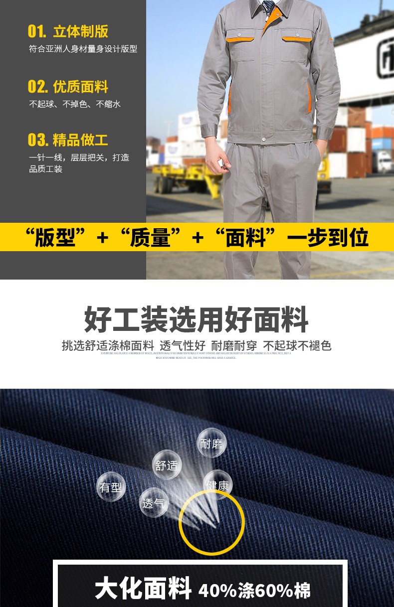長(cháng)袖工作服套裝男工廠(chǎng)車(chē)間汽修勞保服廠(chǎng)服反光條工程服CVC棉(圖2)