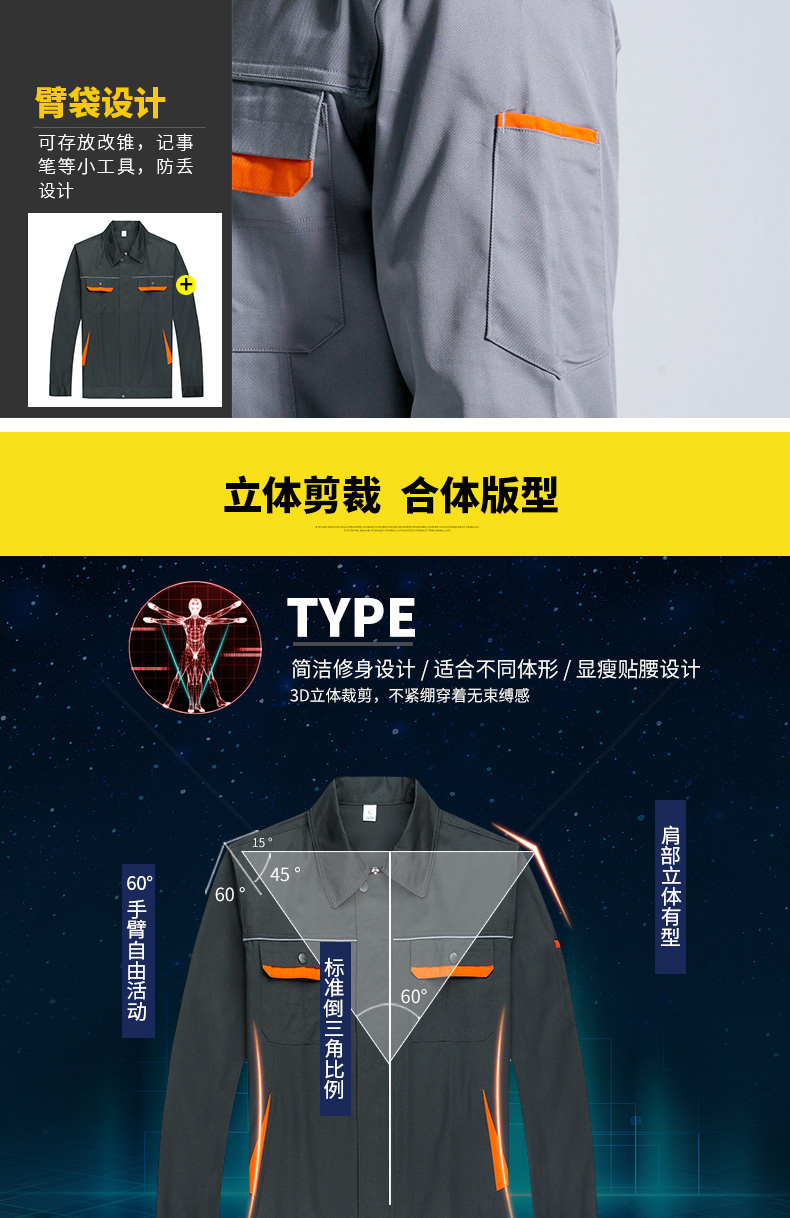 長(cháng)袖工作服套裝男工廠(chǎng)車(chē)間汽修勞保服廠(chǎng)服反光條工程服CVC棉(圖5)