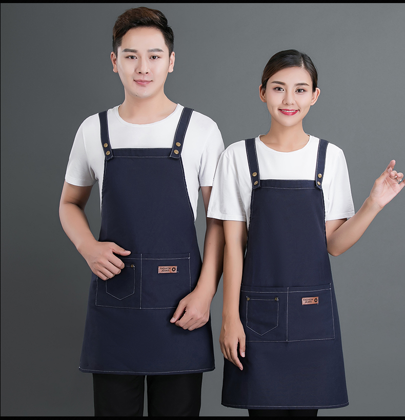 牛仔布料圍裙定制logo咖啡店男女韓版時(shí)尚家用廚房理發(fā)店工作服(圖12)
