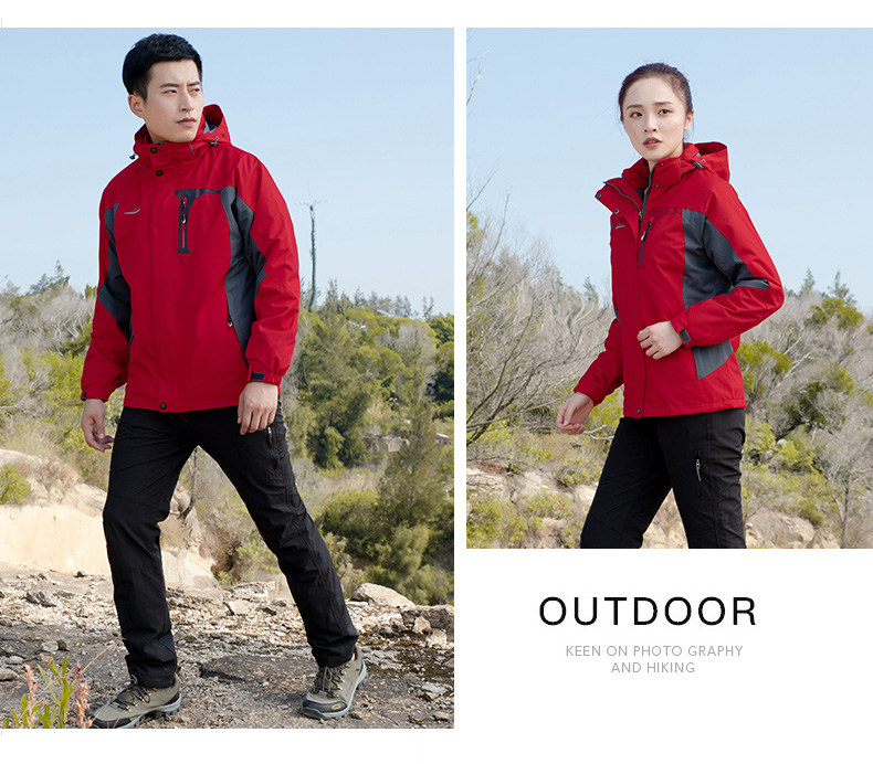 紅色沖鋒衣工作服定制印字logo三合一可拆卸外套防風(fēng)防水登山服男(圖16)