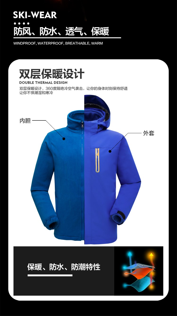 定制戶(hù)外純色沖鋒衣男女款兩件套三合一可拆卸印LOGO印字工作服潮(圖6)