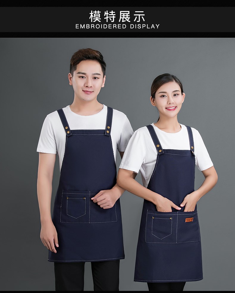 牛仔布料圍裙定制logo咖啡店男女韓版時(shí)尚家用廚房理發(fā)店工作服(圖11)
