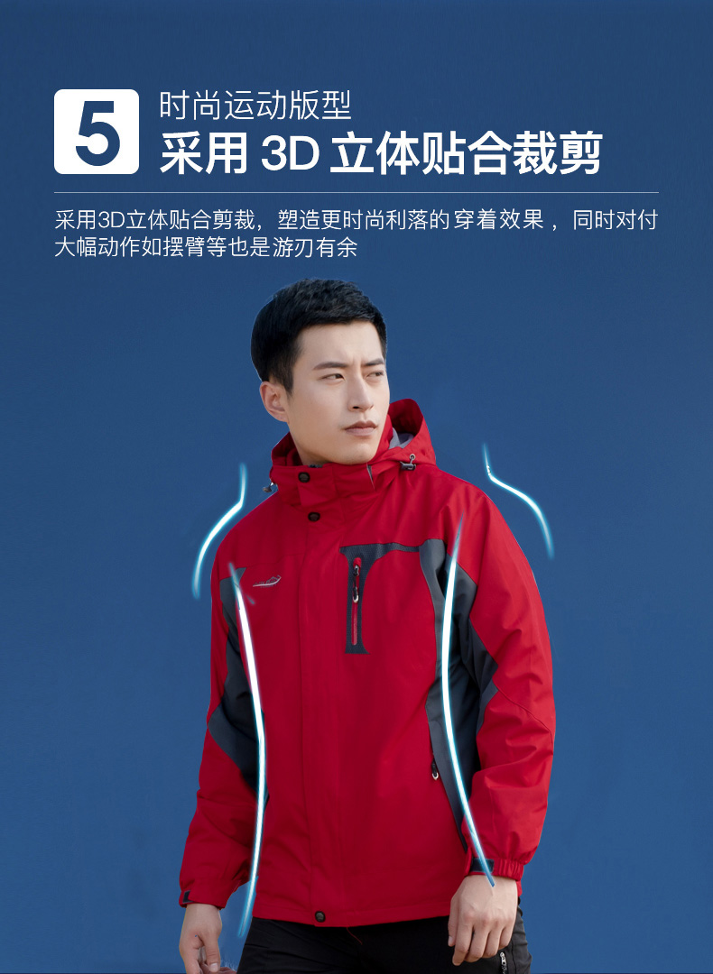 紅色沖鋒衣工作服定制印字logo三合一可拆卸外套防風(fēng)防水登山服男(圖7)