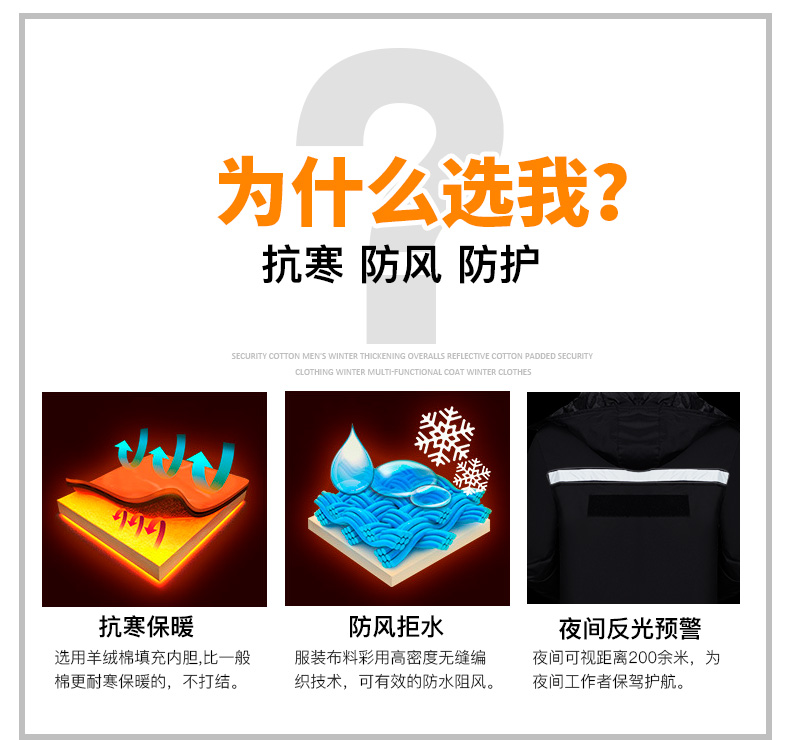 保安棉衣男冬季加厚工作服反光條棉服保安服冬裝多功能大衣防寒服(圖7)